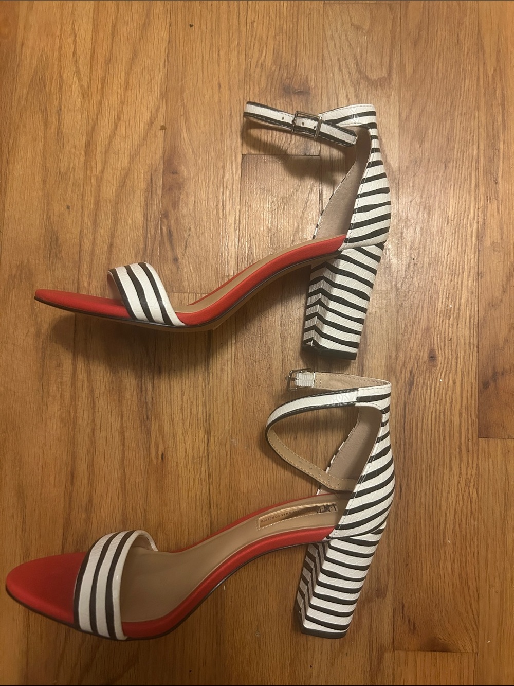 INC International Concepts Red Heels with Black and White Striped Straps
